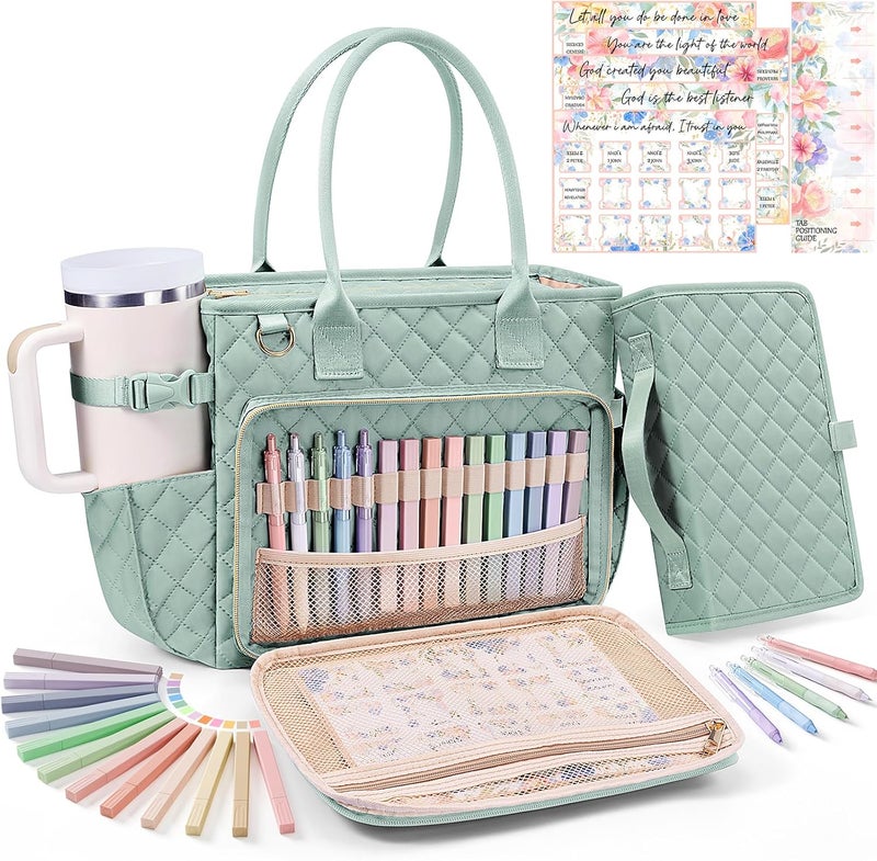 FLOE Large Bible Bag with Bible Cover Case for Women, Quilted Church Tote Bag Book Carrying Case w/Shoulder Strap,Bible Study Supplies Journaling Kit Accessories Valentines Day Christian Gift for Women Her - Image 1